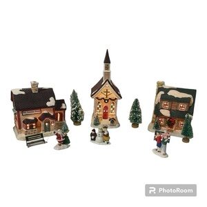 Vintage Christmas Lighted church store and house town set holiday decor